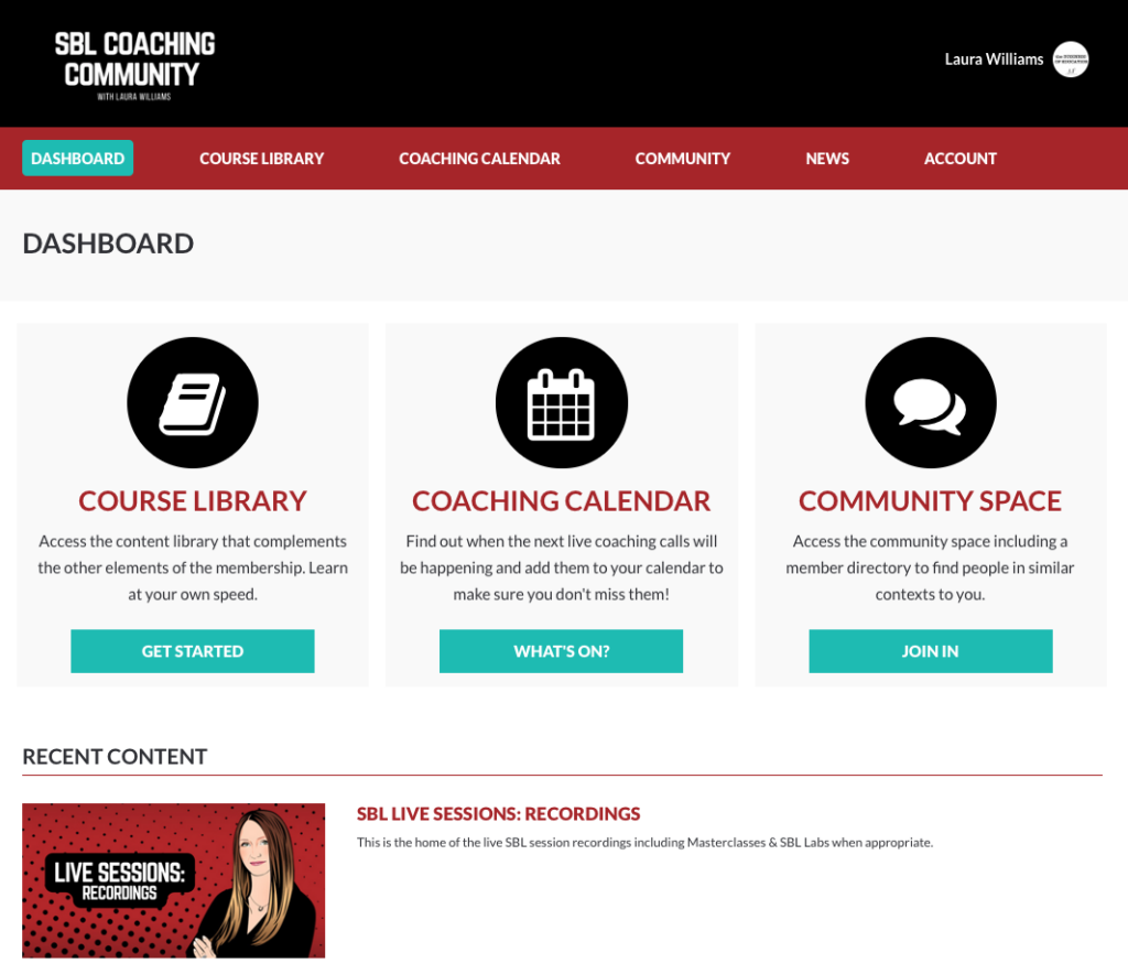 Screenshot of inside the SBL Coaching Community showing the dashboard